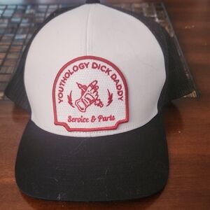 Black and White Trucker Hat with Red Patch Youthology Dick Daddy Parts